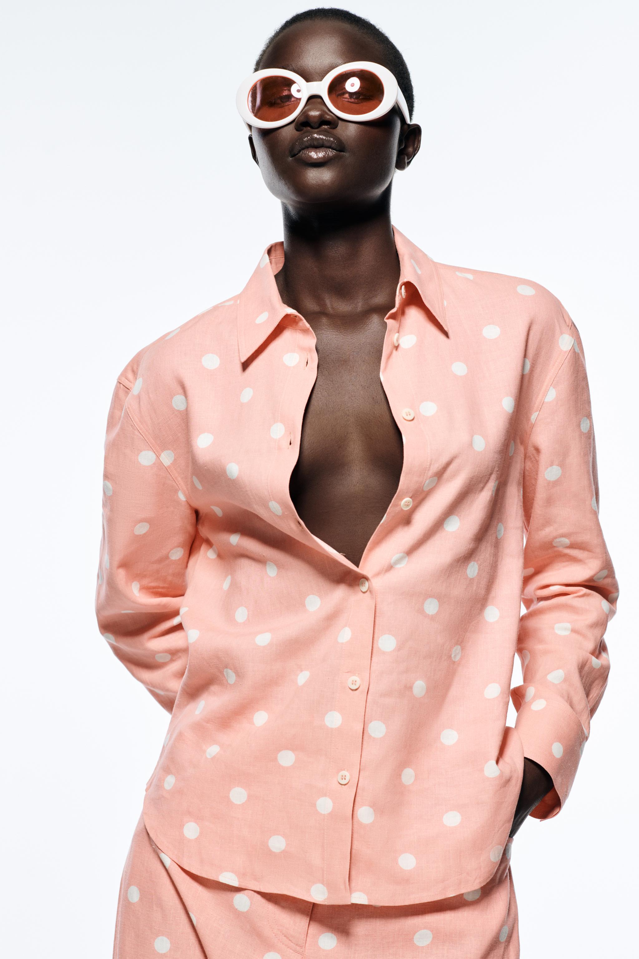 Pink and white polka dot shirt online